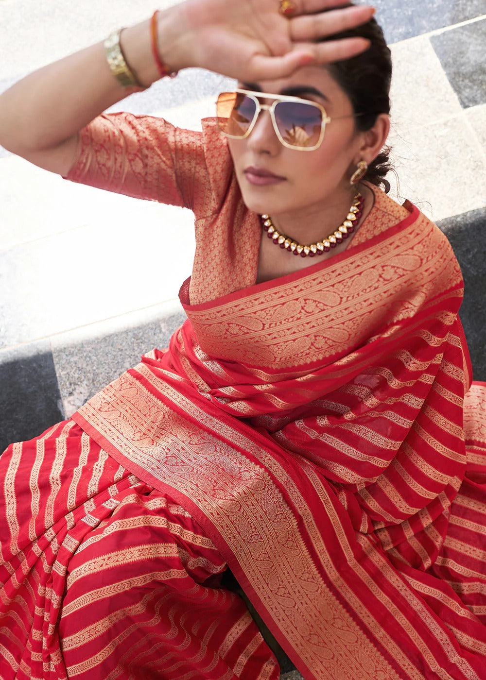 Red Zari Banarasi Lichi Silk Saree With Blouse Piece for Women