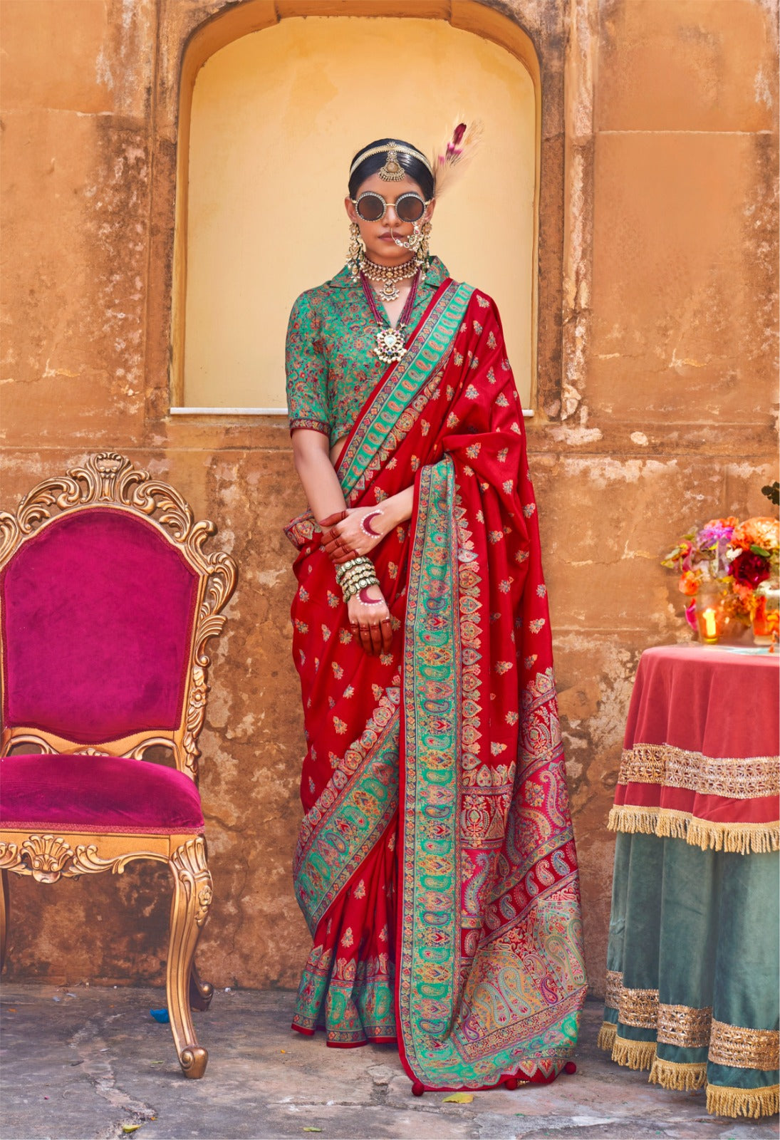 Red Woven Zari Silk Blend Saree With Brocade Blouse for Women