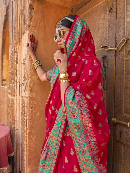 Red Woven Zari Silk Blend Saree With Brocade Blouse for Women