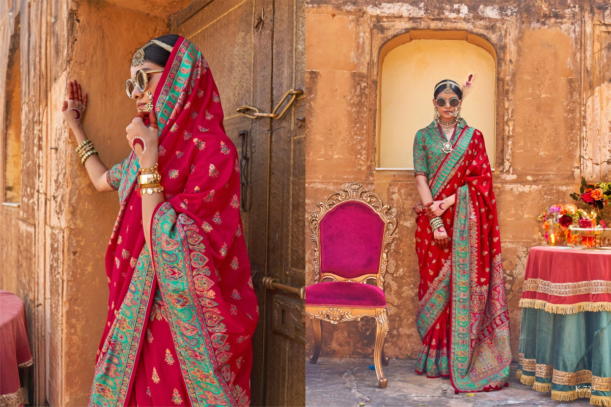 Red Woven Zari Silk Blend Saree With Brocade Blouse for Women