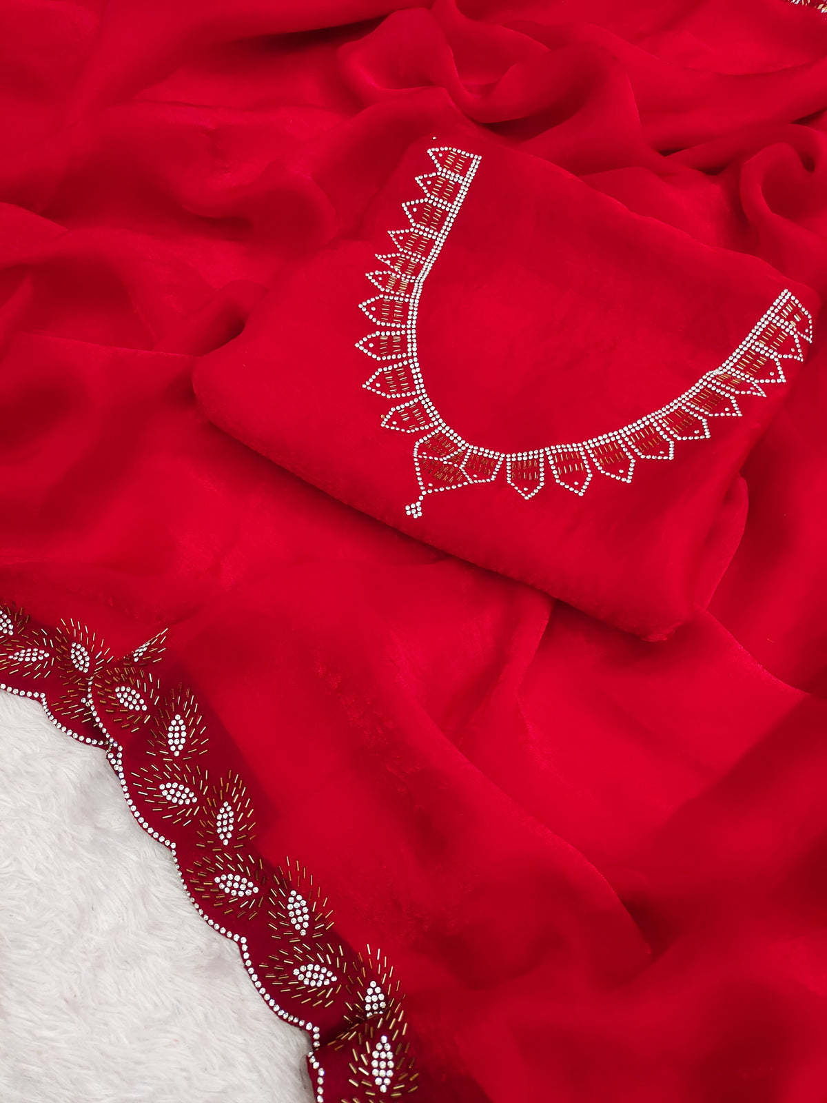 Elegant Red Zarkan Work Space Silk Saree with Blouse for Women