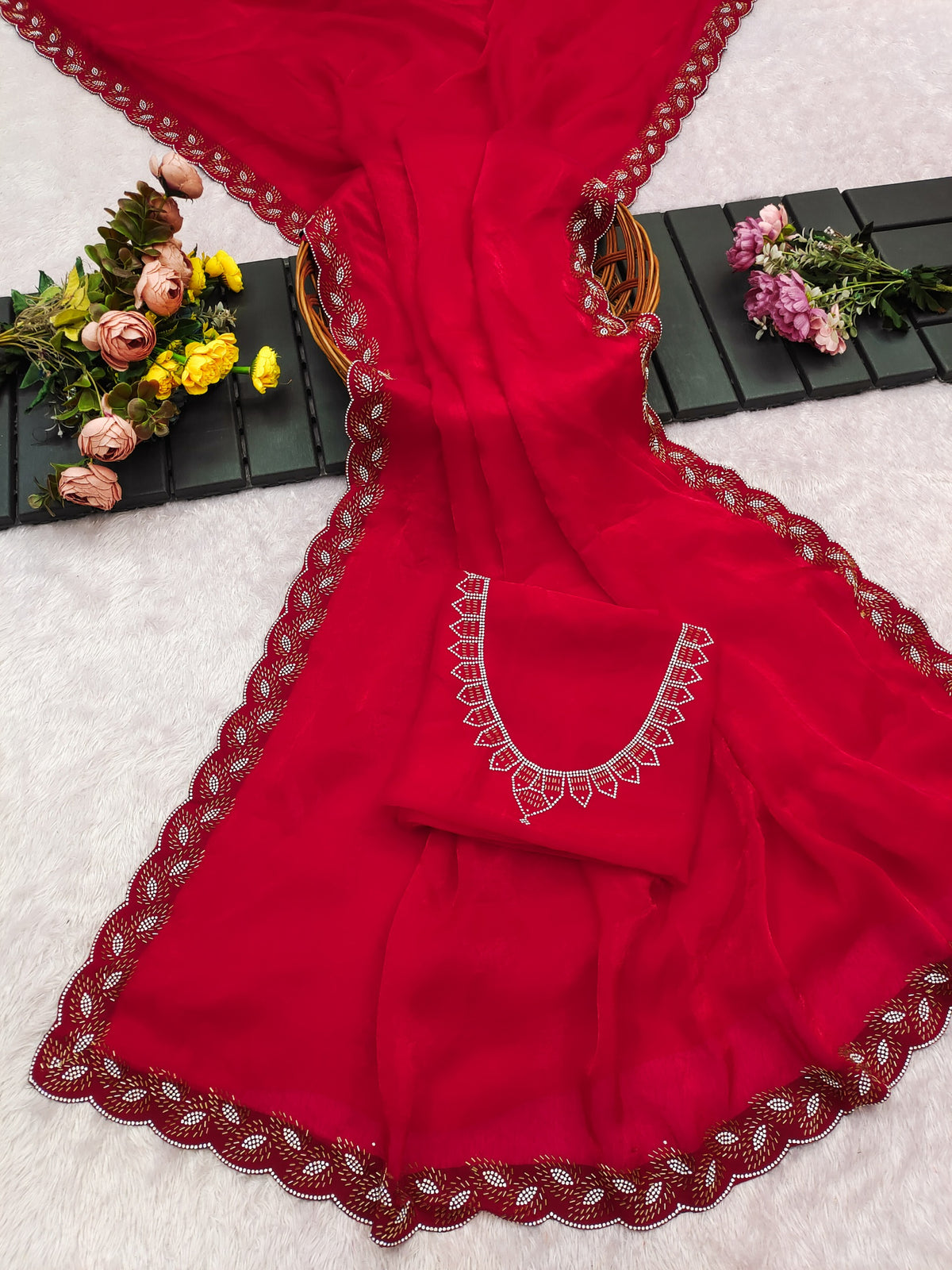 Elegant Red Zarkan Work Space Silk Saree with Blouse for Women