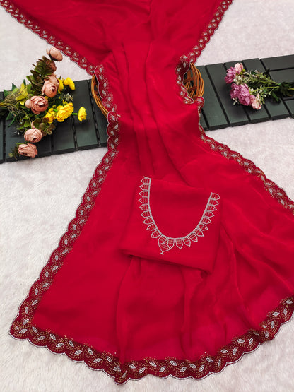 Elegant Red Zarkan Work Space Silk Saree with Blouse for Women