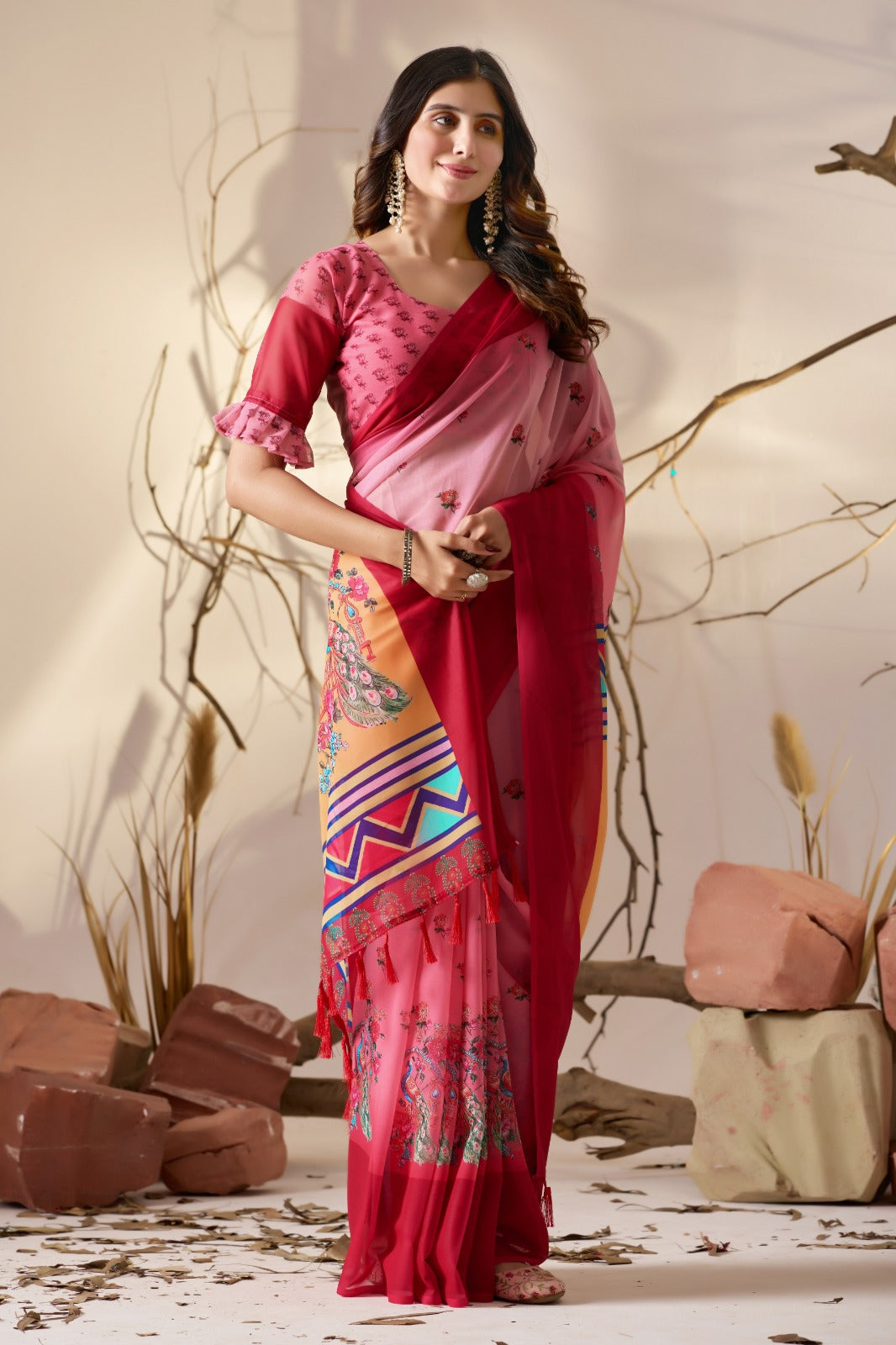 Rose Pink Georgette Designer Saree for Women
