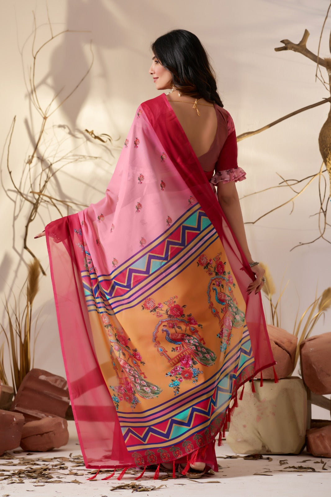 Rose Pink Georgette Designer Saree for Women