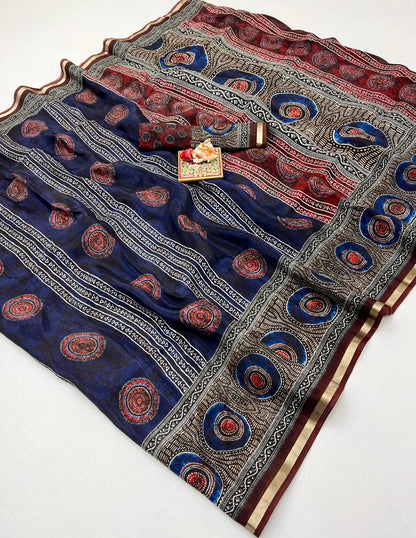 Royal Blue Ajrakh Digital Uppada Silk Saree With Blouse for Women