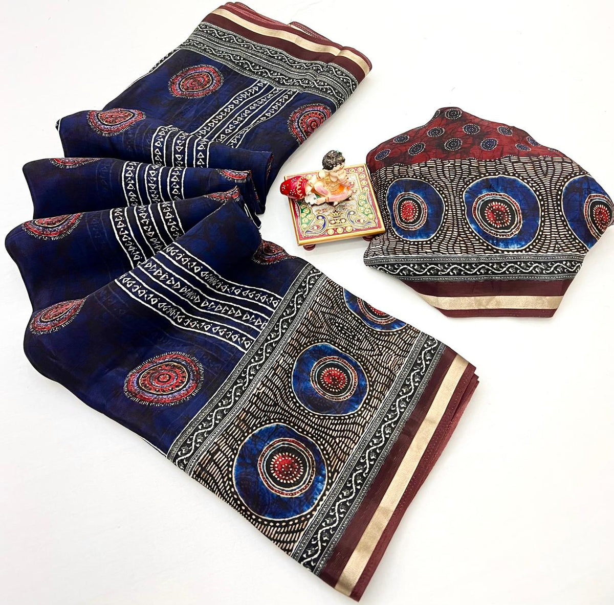 Royal Blue Ajrakh Digital Uppada Silk Saree With Blouse for Women