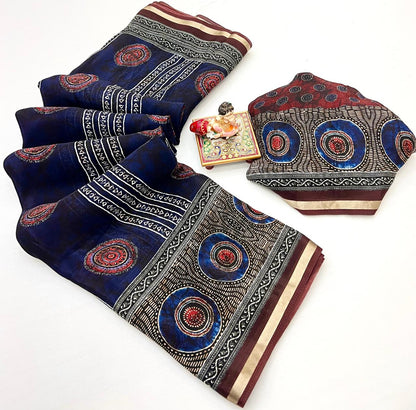 Royal Blue Ajrakh Digital Uppada Silk Saree With Blouse for Women