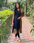 Royal Navy Blue Kanchi Cotton Kurta Set with Elegant Woven Dupatta