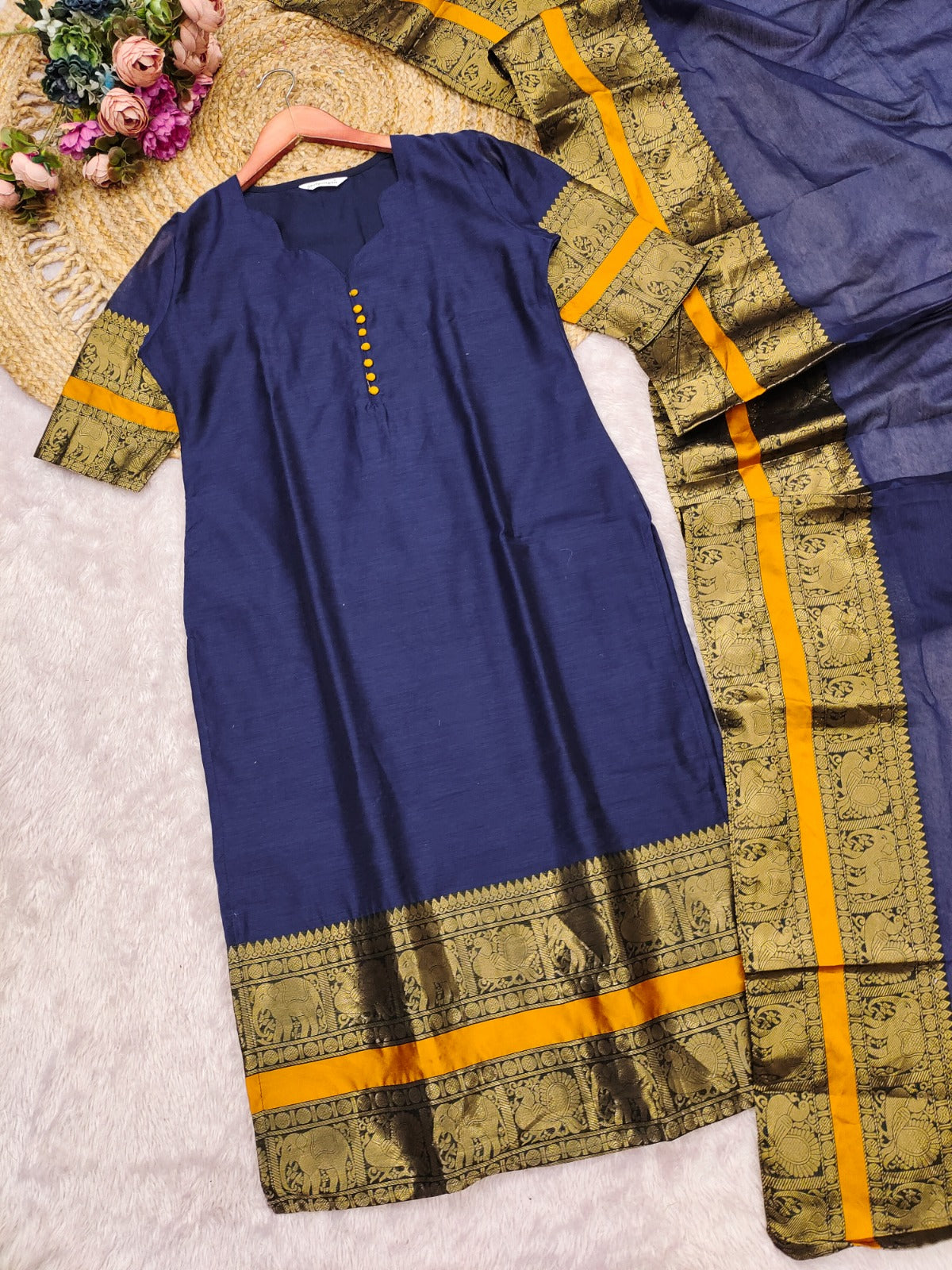 Royal Navy Blue Kanchi Cotton Kurta Set with Elegant Woven Dupatta