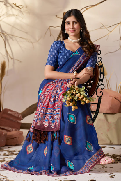 Royal Blue Georgette Printed Designer Saree for Women