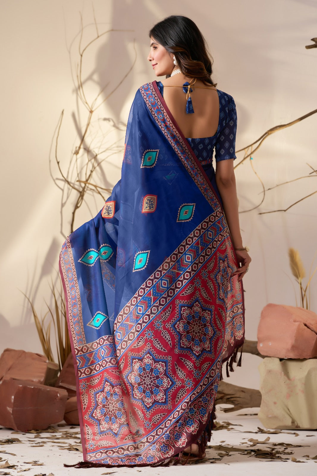 Royal Blue Georgette Printed Designer Saree for Women