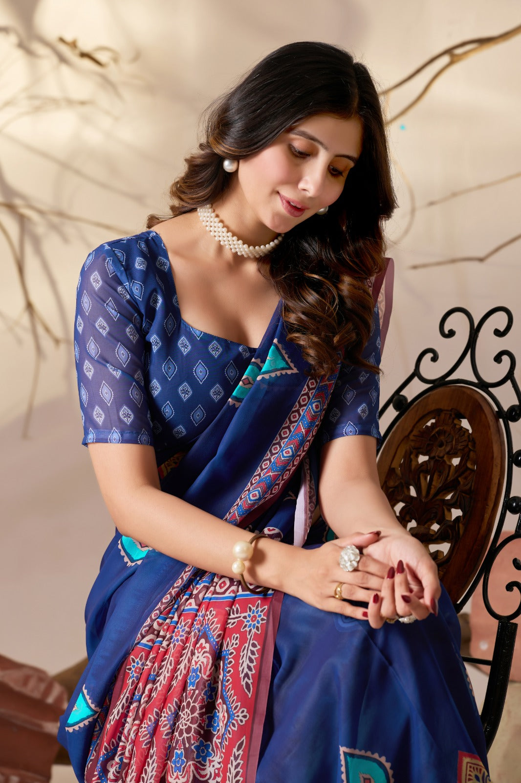 Royal Blue Printed Georgette Saree with Designer Pallu