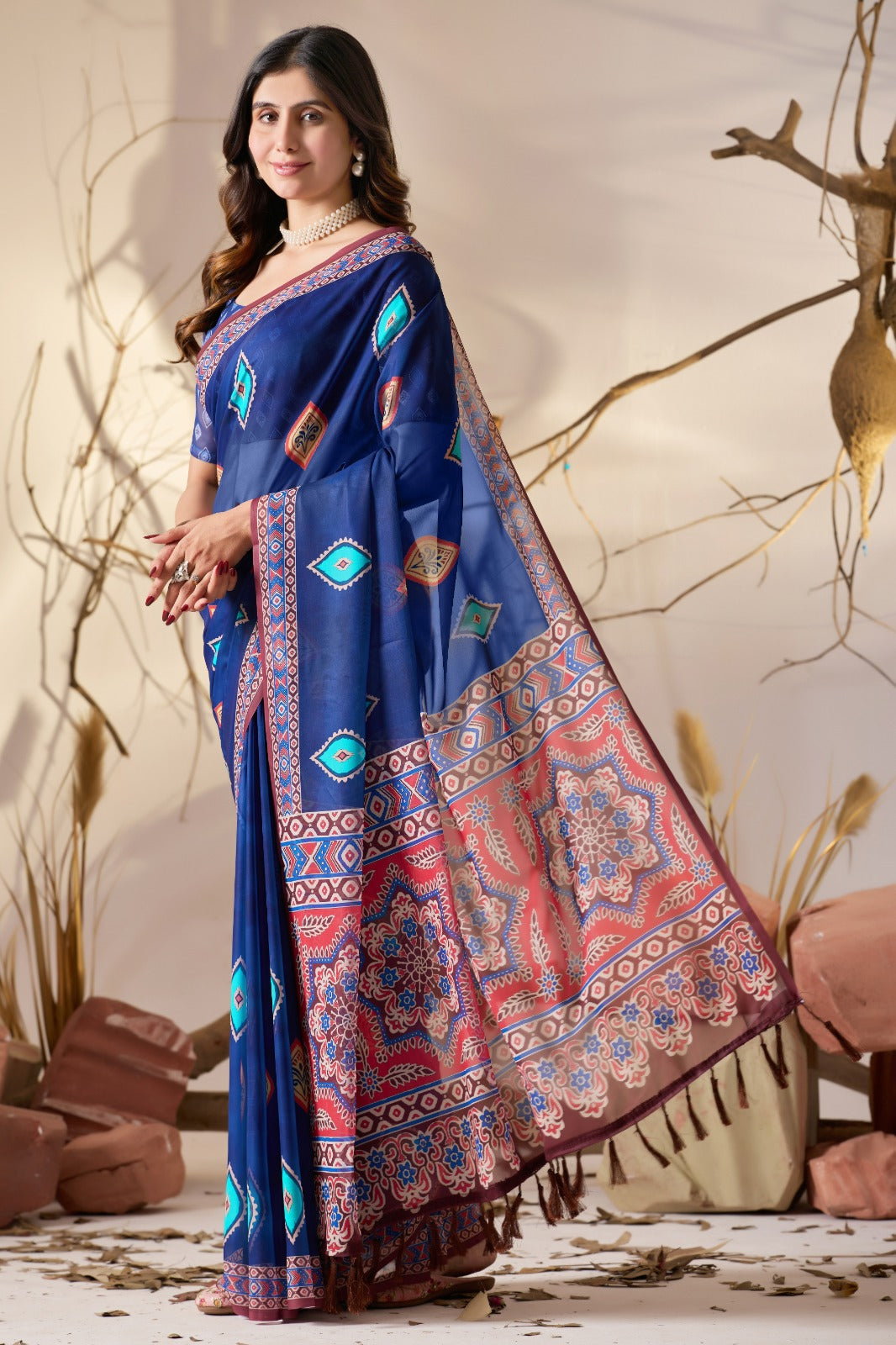 Royal Blue Printed Georgette Saree with Designer Pallu for Women