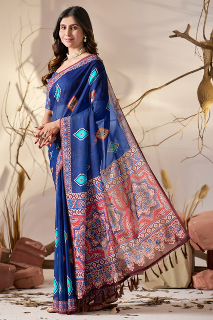 Royal Blue Printed Georgette Saree with Designer Pallu for Women
