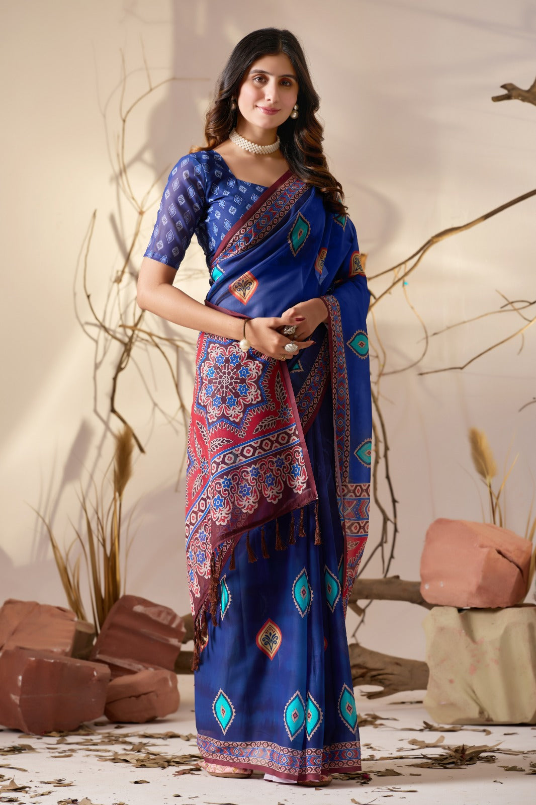 Royal Blue Printed Georgette Saree with Designer Pallu for Women