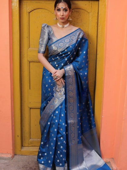 Classic Royal Blue Saree with Rich Zari Weaving for Women