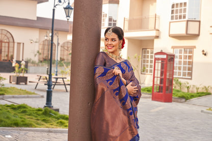 Royal Brown Blue Banarasi Silk Saree with Zari Design for Women