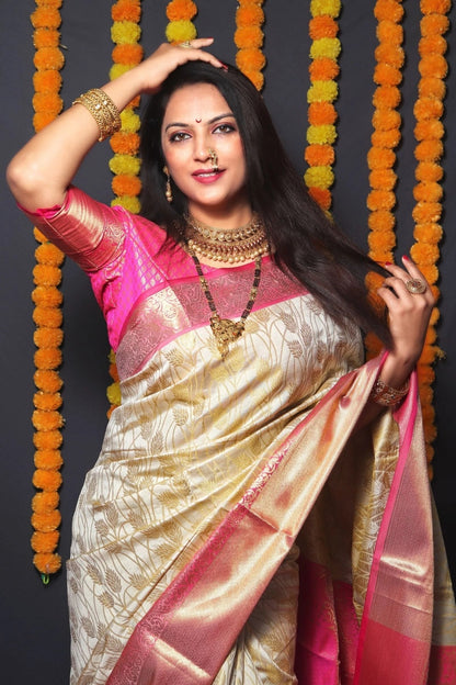 Royal Cream Silk Saree with Pink Zari Elegance Weave for Women