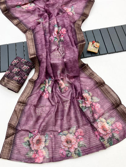 Royal Plum Floral Organza Cotton Silk Party Wear Saree for Women