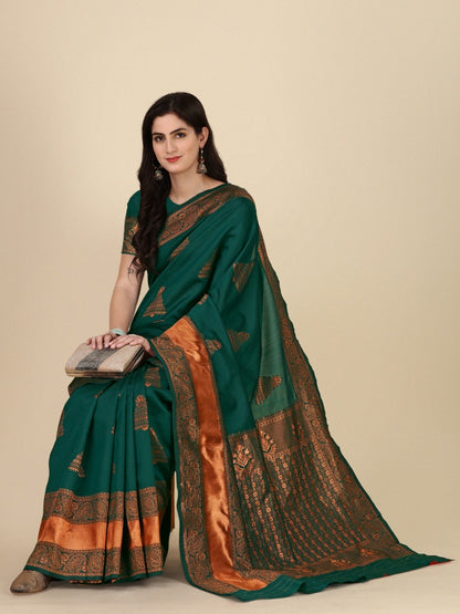 Royal Dark Green Banarasi Soft Silk Saree with Zari for Women