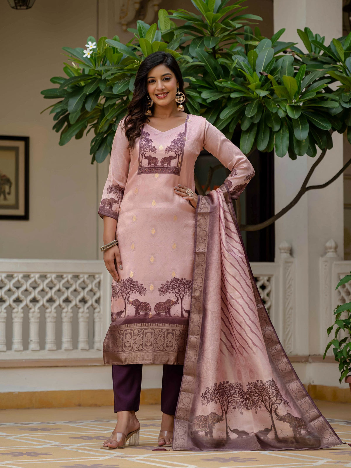 Royal Pink JacquardSilk Classic Printed Suit Set for Women