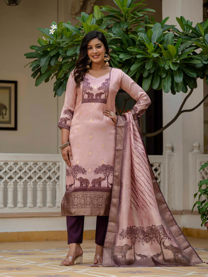 Royal Pink JacquardSilk Classic Printed Suit Set for Women