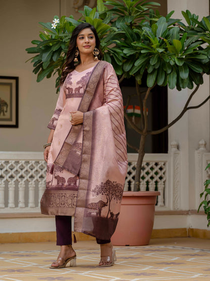 Royal Pink JacquardSilk Classic Printed Suit Set for Women