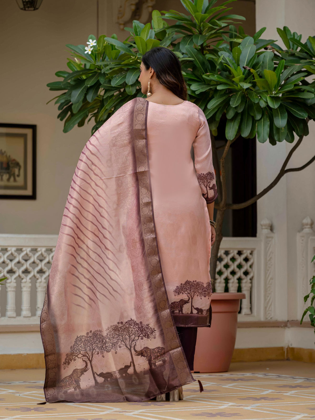 Royal Pink JacquardSilk Classic Printed Suit Set for Women
