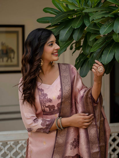 Royal Pink JacquardSilk Classic Printed Suit Set for Women