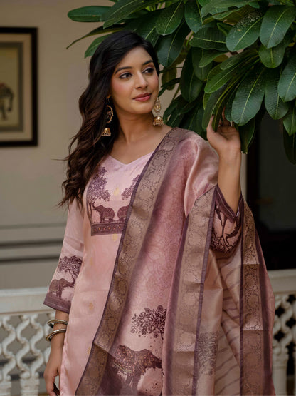 Royal Pink JacquardSilk Classic Printed Suit Set for Women