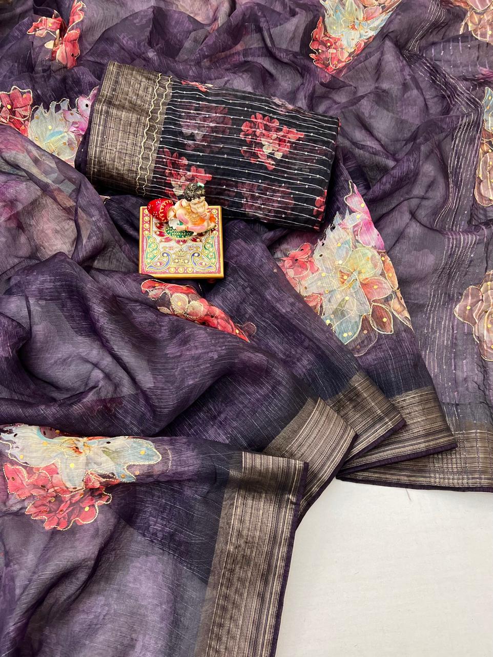 Royal Wine Floral Organza Cotton Silk Designer Saree for Women