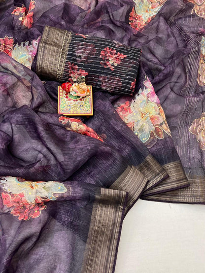 Royal Wine Floral Organza Cotton Silk Designer Saree for Women