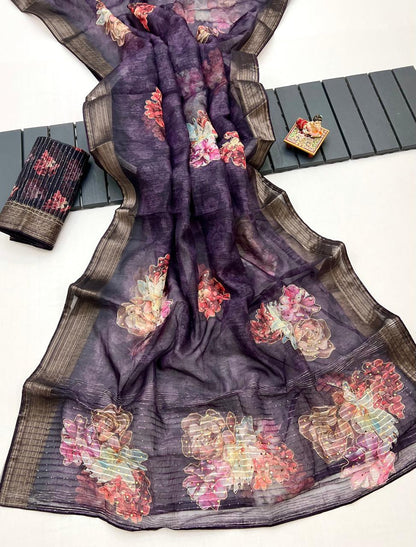 Royal Wine Floral Organza Cotton Silk Designer Saree for Women