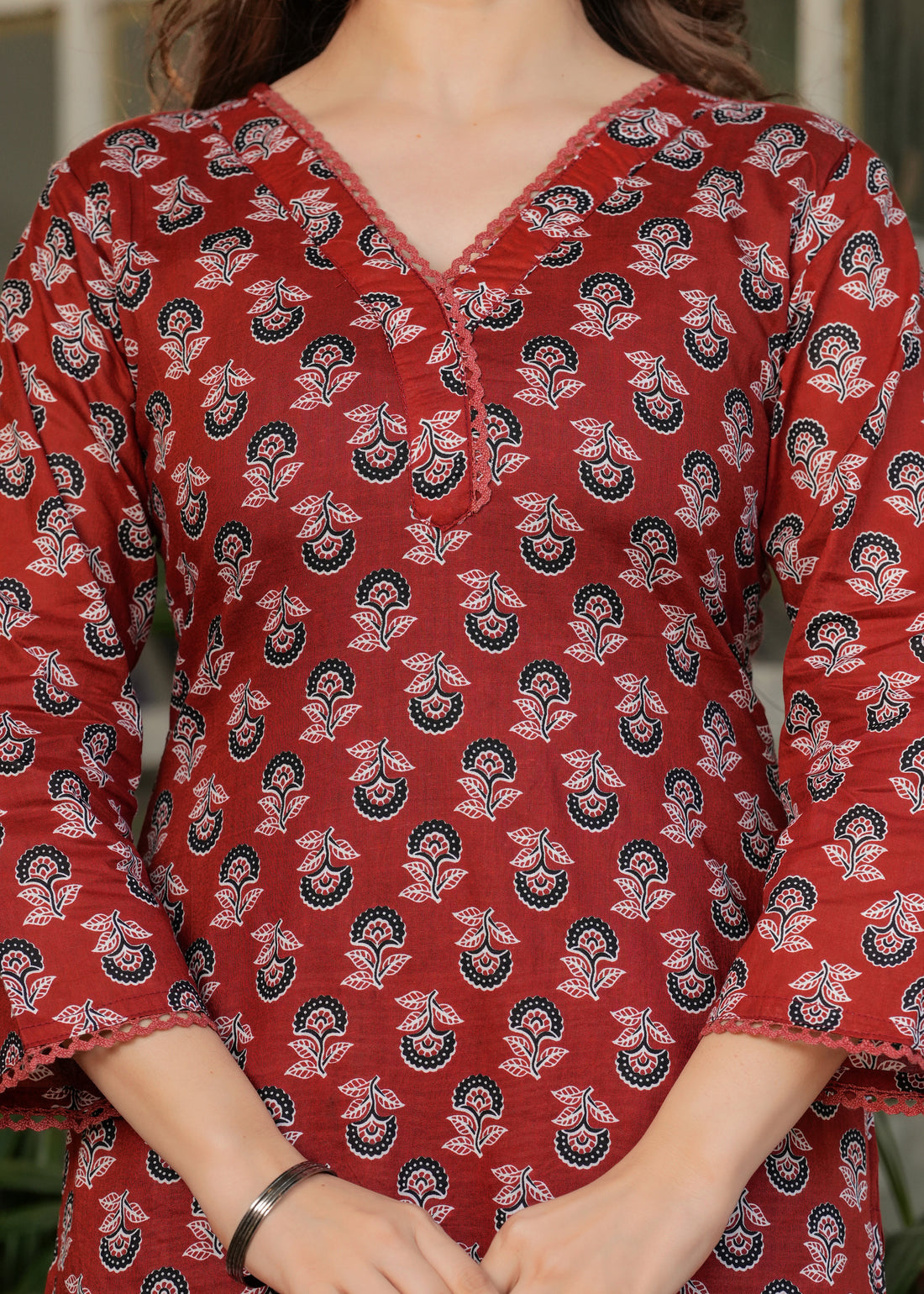 Rust Printed Cotton Kurta Set with Pant and Dupatta for Women
