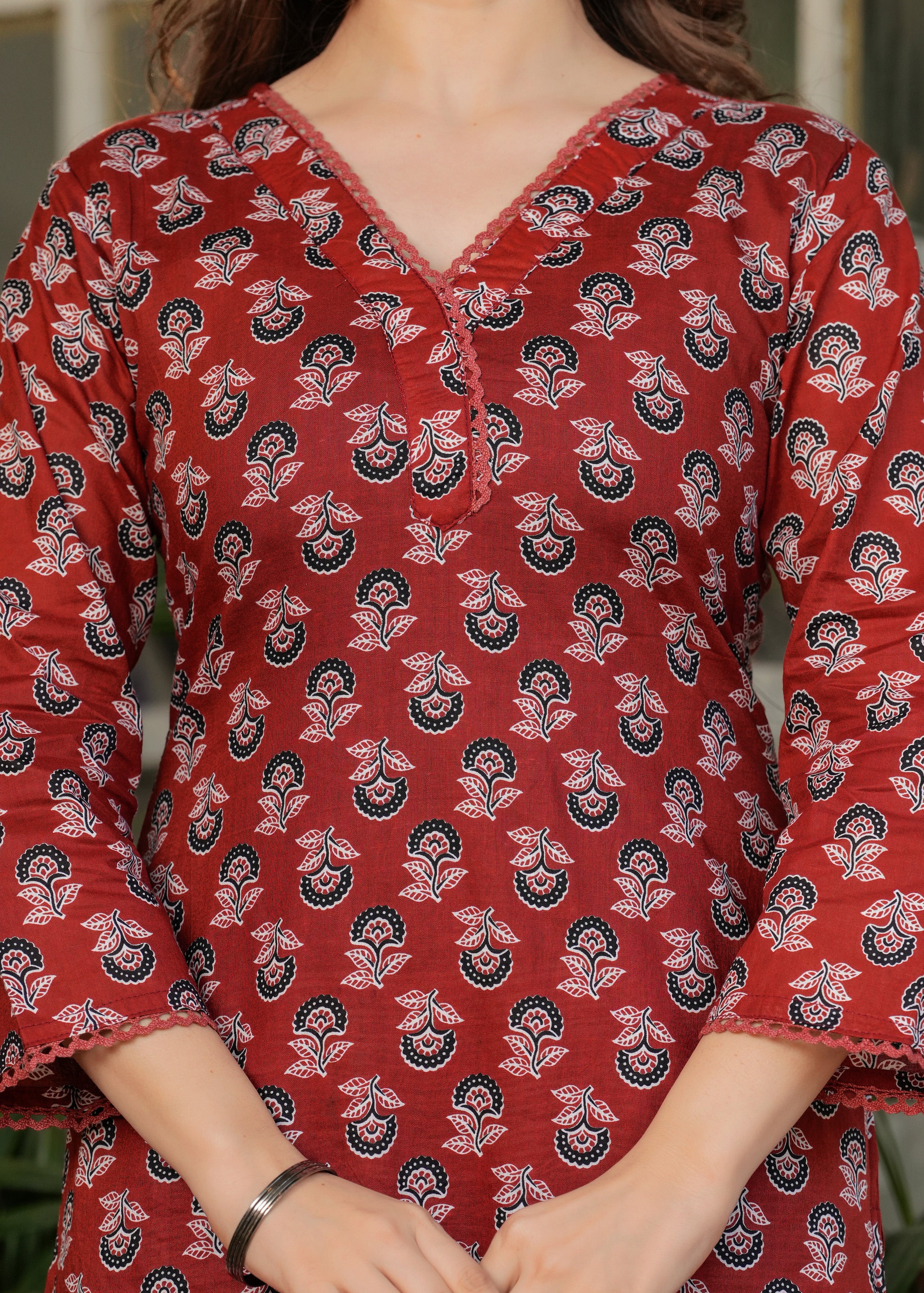 Rust Printed Cotton Kurta Set with Pant and Dupatta