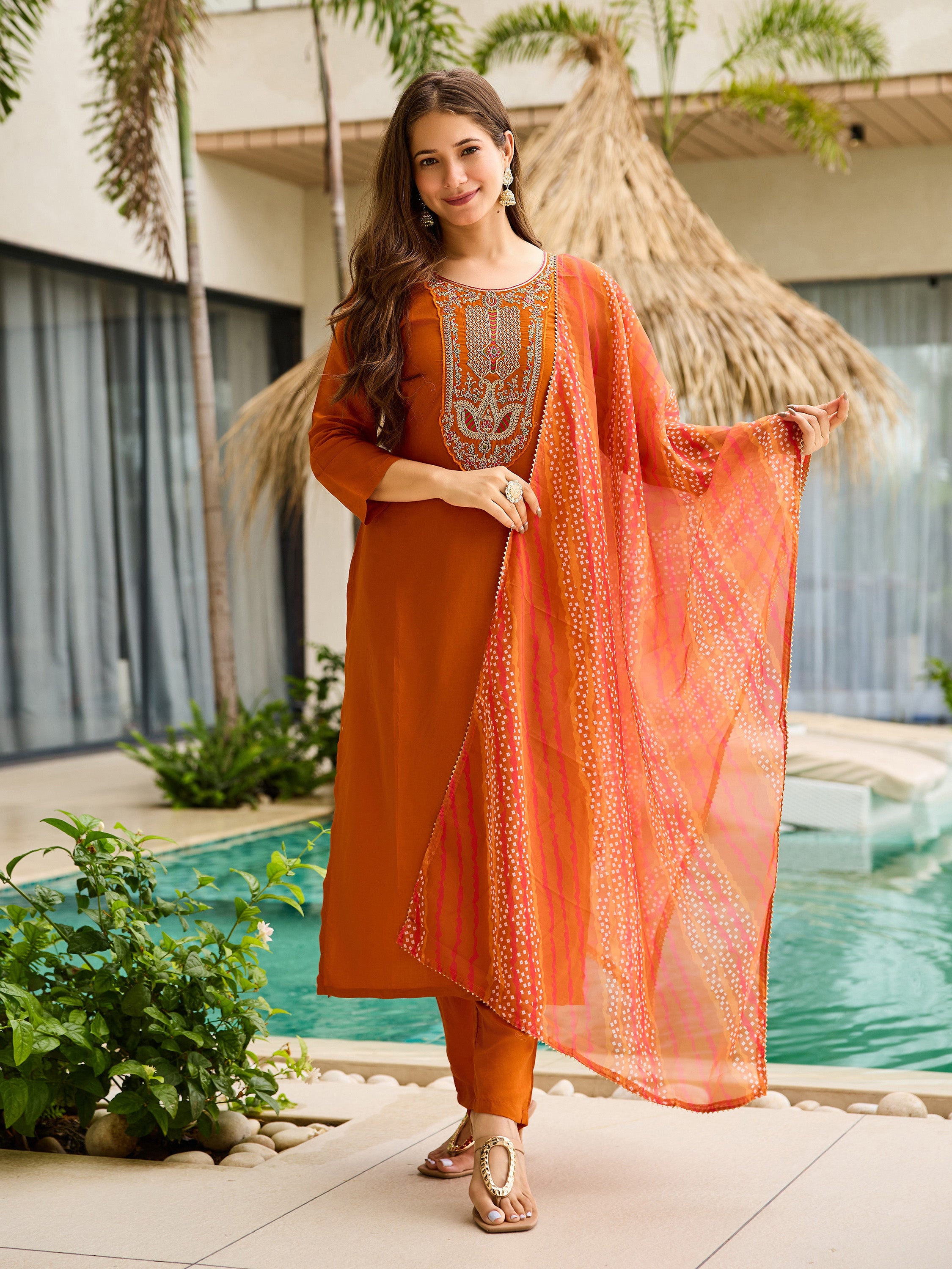 Rust Orange Embroidered Kurti Set with Dupatta