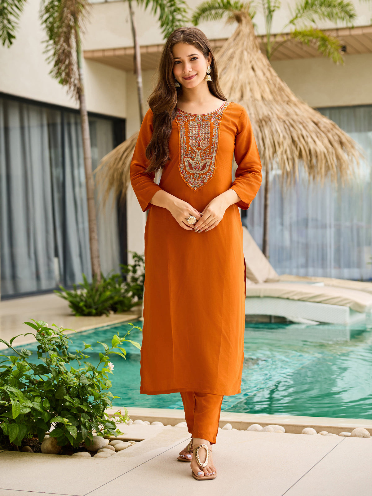 Rust Orange Embroidered Kurti Set with Dupatta for Women