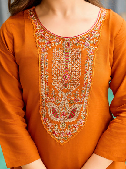 Rust Orange Embroidered Kurti Set with Dupatta for Women