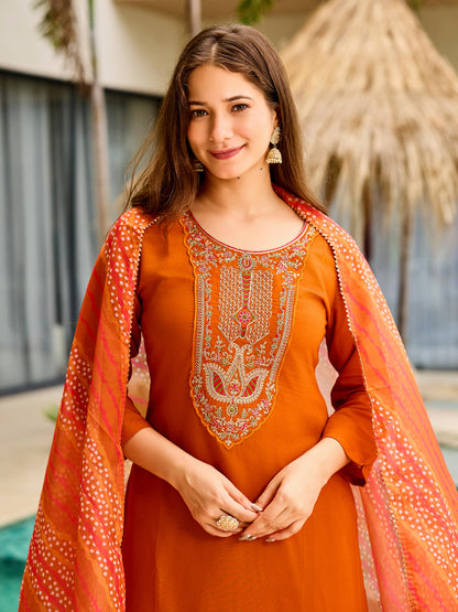 Rust Orange Embroidered Kurti Set with Dupatta for Women