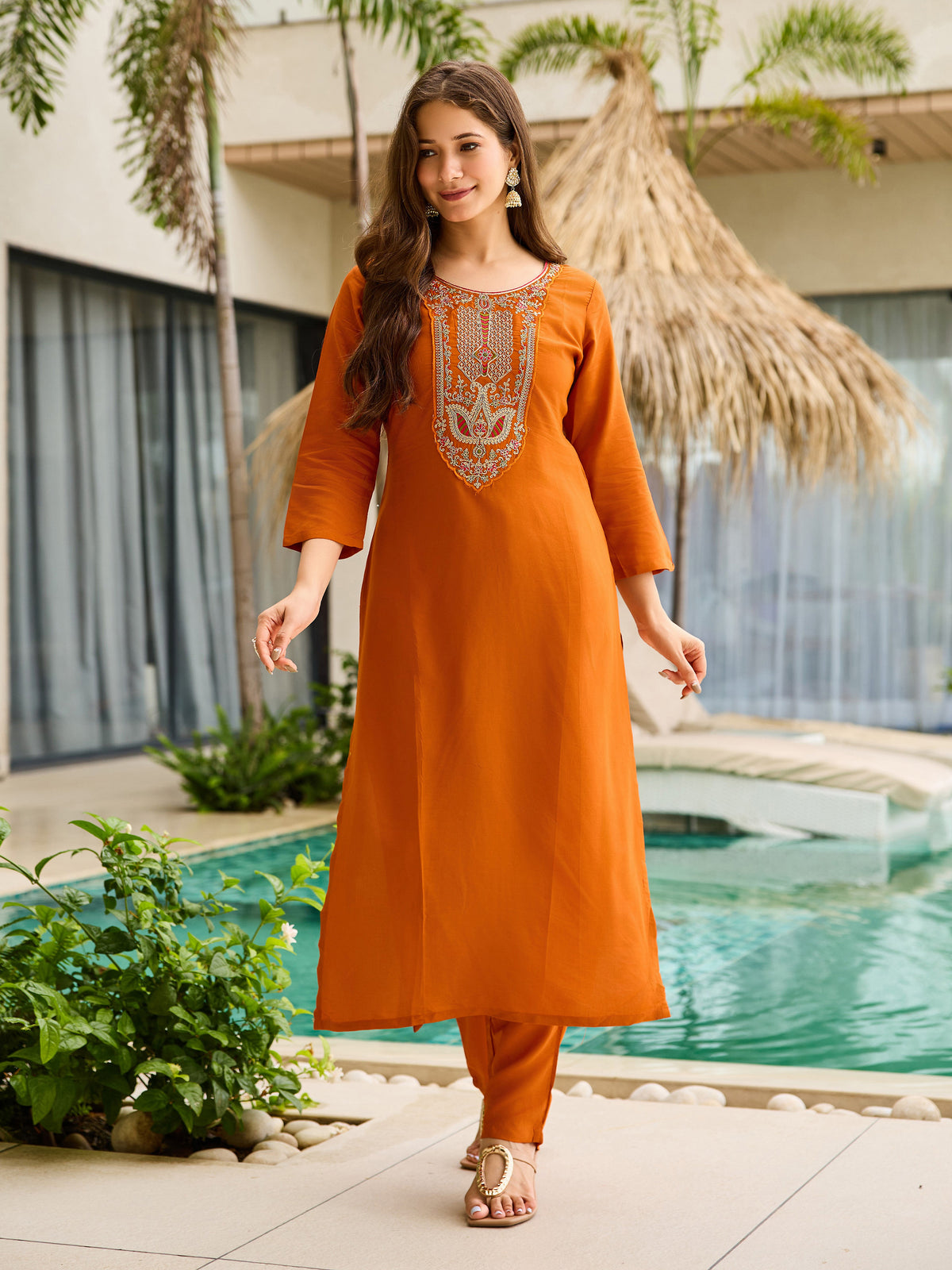 Rust Orange Embroidered Kurti Set with Dupatta for Women