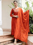 Rust Embroidered Kurti Pant Dupatta Set for Women
