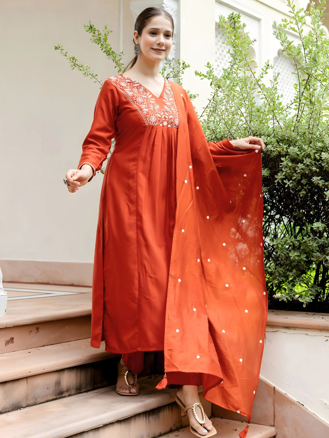 Rust Embroidered Kurti Pant Dupatta Set for Women