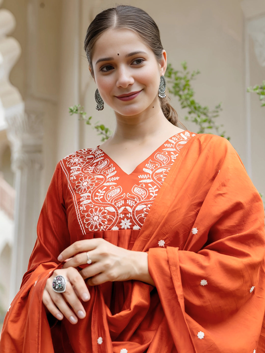 Rust Embroidered Kurti Pant Dupatta Set for Women
