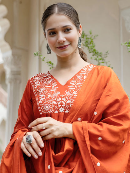 Rust Embroidered Kurti Pant Dupatta Set for Women