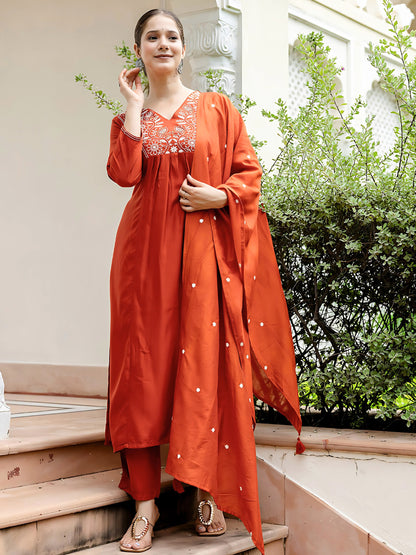 Rust Embroidered Kurti Pant Dupatta Set for Women