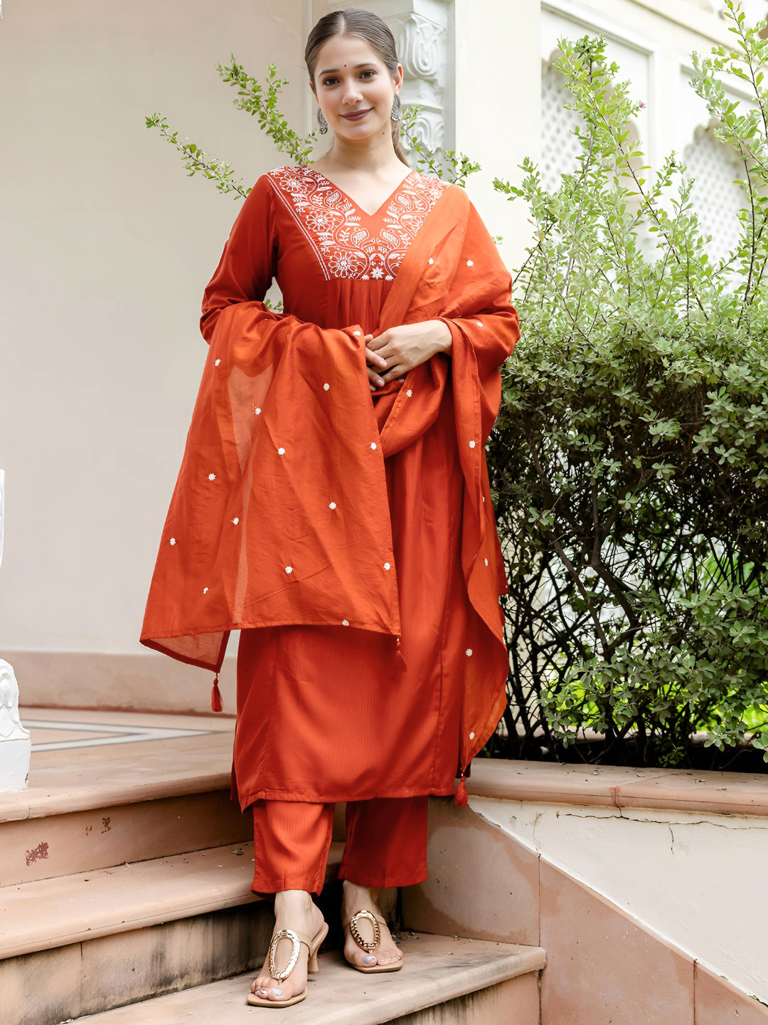 Rust Embroidered Kurti Pant Dupatta Set for Women