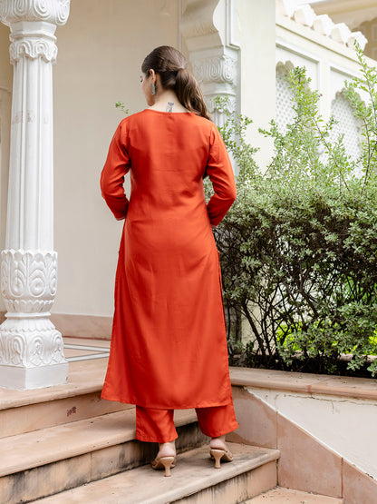 Rust Embroidered Kurti Pant Dupatta Set for Women