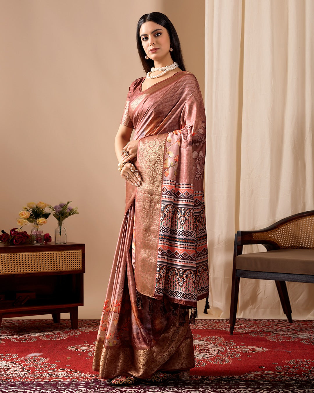Elegant Rust Linen Cotton Printed Saree Set for Women