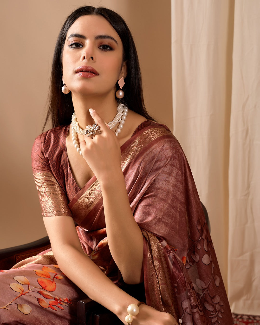 Elegant Rust Linen Cotton Printed Saree Set